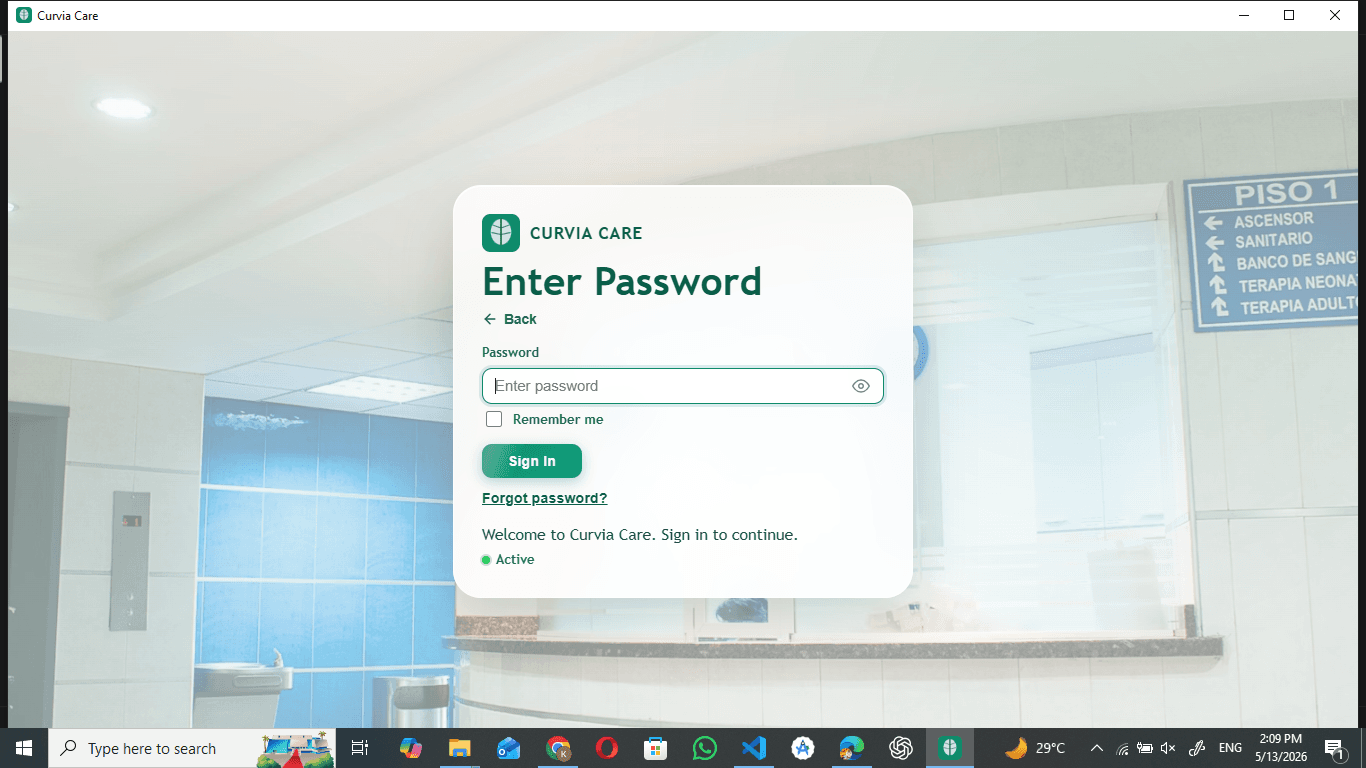 Curvia Care Password screen