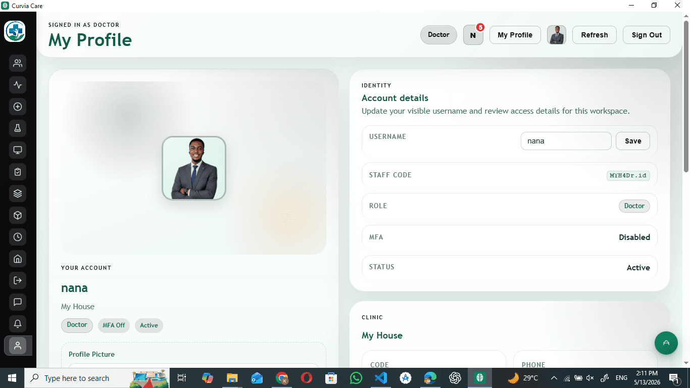 Curvia Care Profile workspace